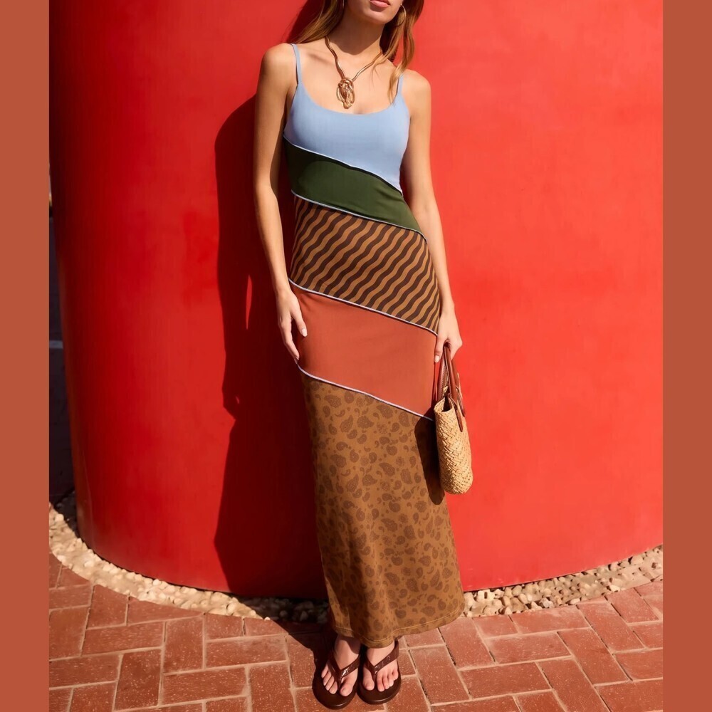 Colorblock Patchwork Striped Paisley Spaghetti Strap Maxi Dress